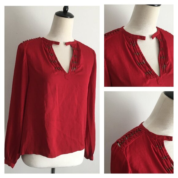 DVF DIANE VON FURSTENBERG Dark Red Bronze Hardware Keyhole 100% Silk Shirt - Picture 1 of 12